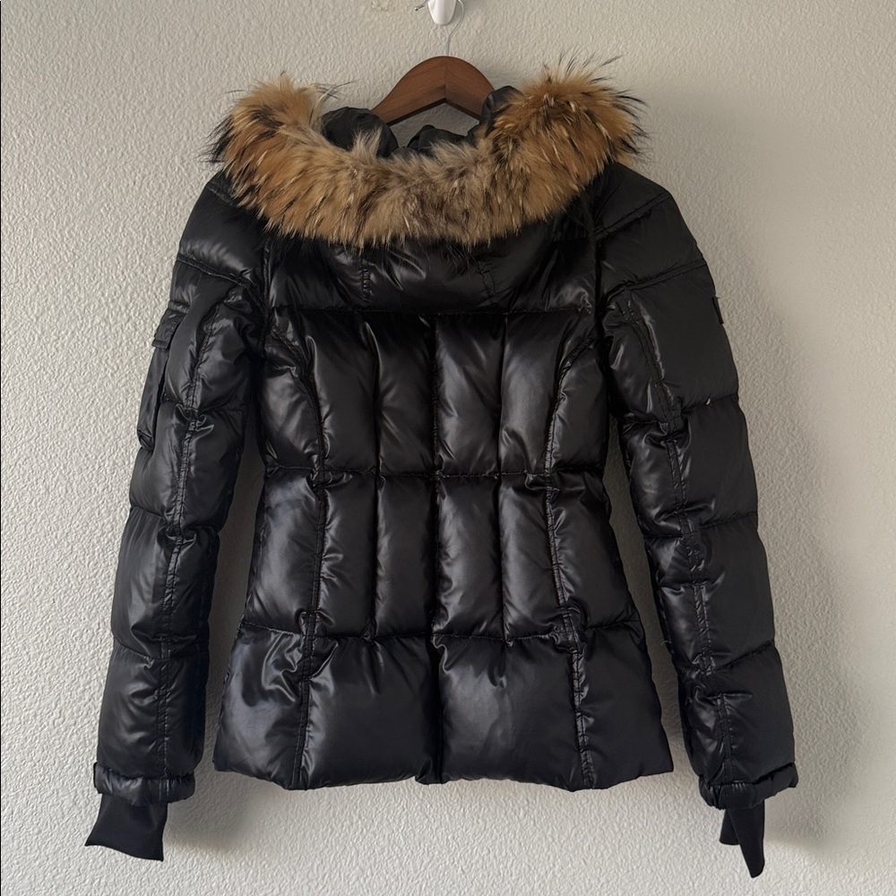 SAM. Black Shiny Blake Down Puffer Racoon Tan Fur Hood Thumb Hole Cuff XS - Picture 8 of 16